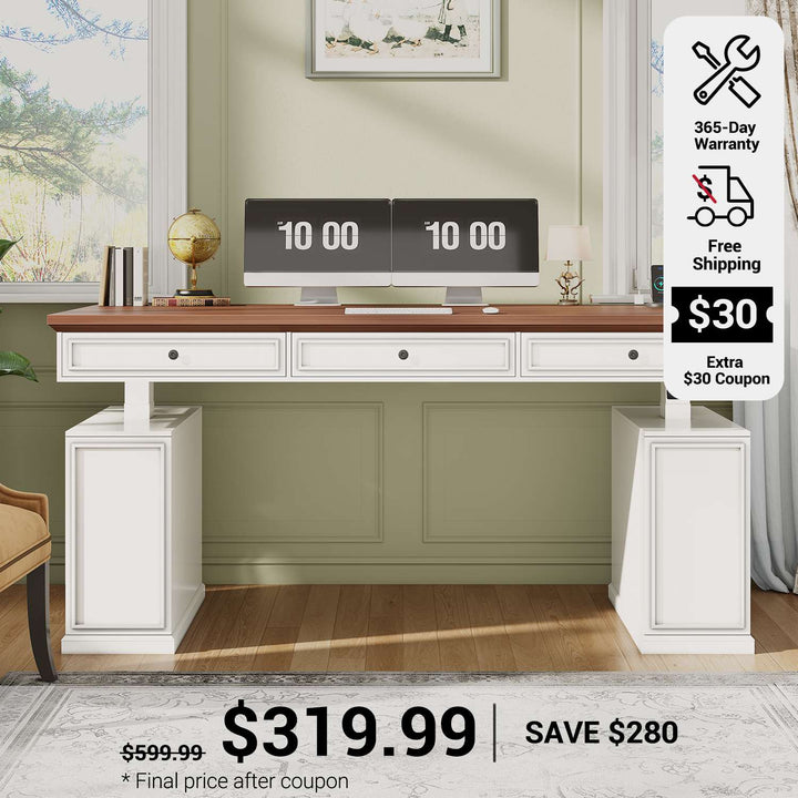 SEDETA 55.1 Inch Farmhouse Electric Standing Desk with 3 Drawers Height Adjustable Executive Office Desk with Storage Cabinet Computer Sit Stand Up Desk with Power Outlets