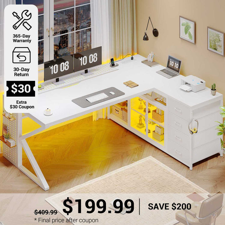 SEDETA® 63 Inch L Shaped Gaming Desk with  LED Light Executive Office Desk with Storage Shelves Computer Desk with 4 Drawers and Display Cabinet