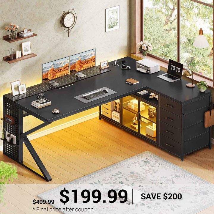 SEDETA | 63 Inch L Shaped Computer Desk Gaming Desk with LED Light 4 Drawers Display Cabinet Executive Office Desk with Storage Shelves