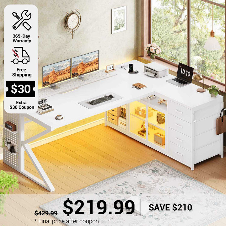 SEDETA 63 Inch L Shaped Gaming Desk Computer Desk with 4 Drawers and Display Cabinet Executive Office Desk with Storage Shelves and LED Light