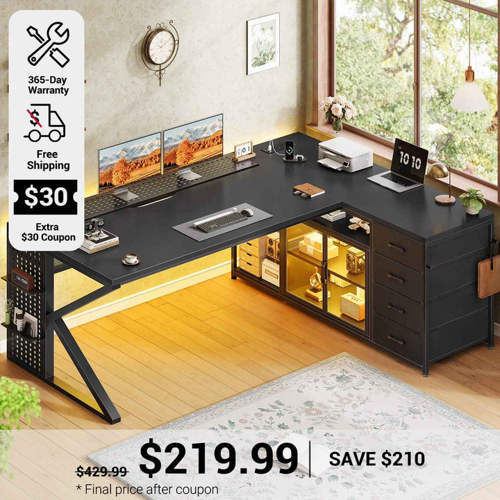 SEDETA 63 Inch L Shaped Gaming Desk Computer Desk with 4 Drawers and Display Cabinet Executive Office Desk with Storage Shelves and LED Light