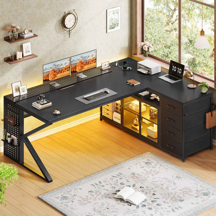 SEDETA 63 Inch L Shaped Gaming Desk Computer Desk with 4 Drawers and Display Cabinet Executive Office Desk with Storage Shelves and LED Light