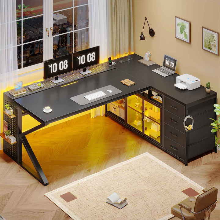 SEDETA 63 Inch L Shaped Gaming Desk Computer Desk with 4 Drawers and Display Cabinet Executive Office Desk with Storage Shelves and LED Light