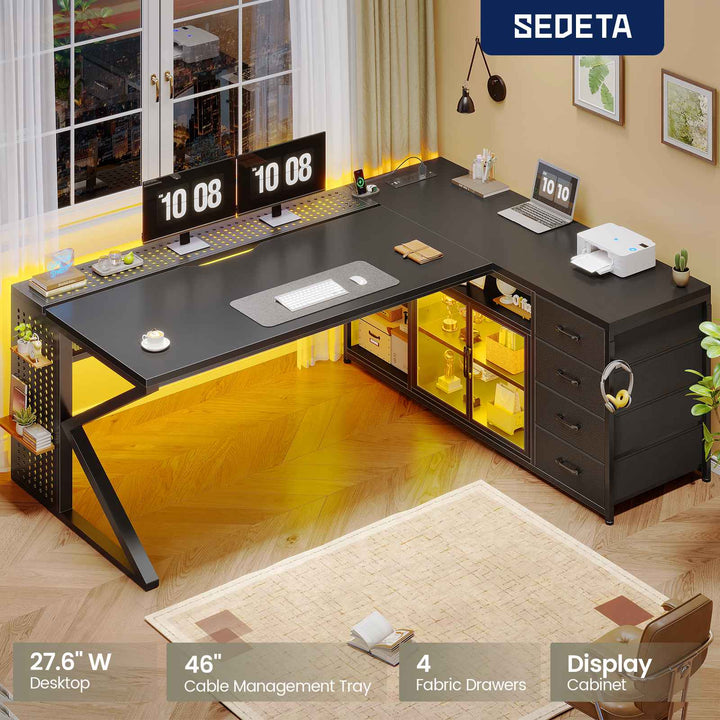 SEDETA 63 Inch L Shaped Gaming Desk Computer Desk with 4 Drawers and Display Cabinet Executive Office Desk with Storage Shelves and LED Light