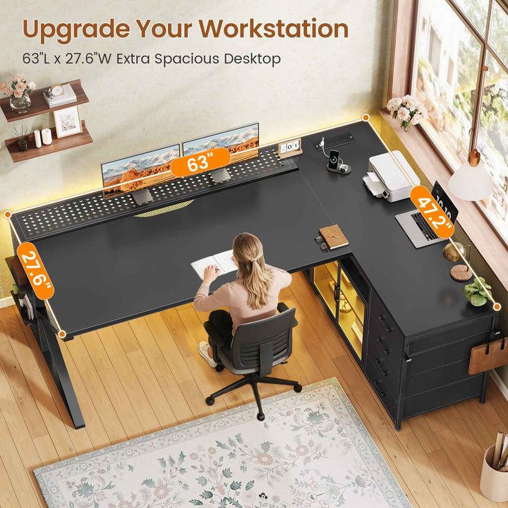 SEDETA 63 Inch L Shaped Gaming Desk Computer Desk with 4 Drawers and Display Cabinet Executive Office Desk with Storage Shelves and LED Light