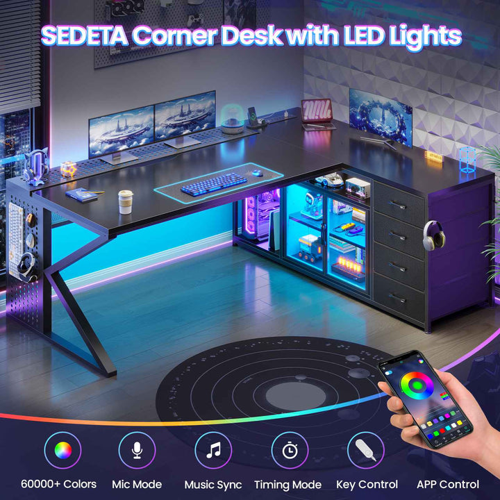 SEDETA 63 Inch L Shaped Gaming Desk Computer Desk with 4 Drawers and Display Cabinet Executive Office Desk with Storage Shelves and LED Light