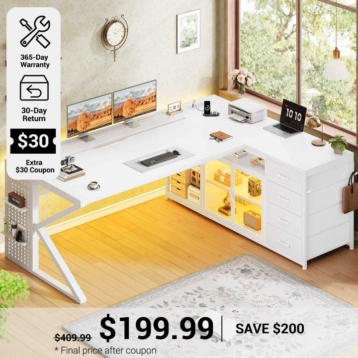 SEDETA® 63 Inch L Shaped Gaming Desk with  LED Light Executive Office Desk with Storage Shelves Computer Desk with 4 Drawers and Display Cabinet