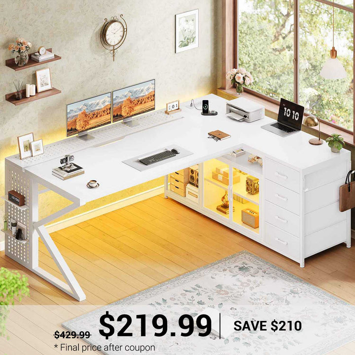 SEDETA 63 Inch L Shaped Gaming Desk Computer Desk with 4 Drawers and Display Cabinet Executive Office Desk with Storage Shelves and LED Light