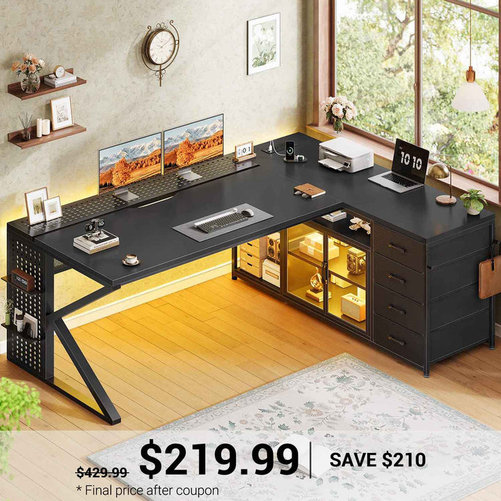 SEDETA 63 Inch L Shaped Gaming Desk Computer Desk with 4 Drawers and Display Cabinet Executive Office Desk with Storage Shelves and LED Light