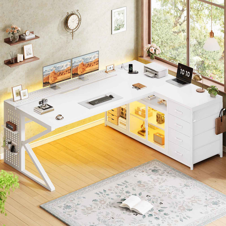 SEDETA 63 Inch L Shaped Gaming Desk Computer Desk with 4 Drawers and Display Cabinet Executive Office Desk with Storage Shelves and LED Light