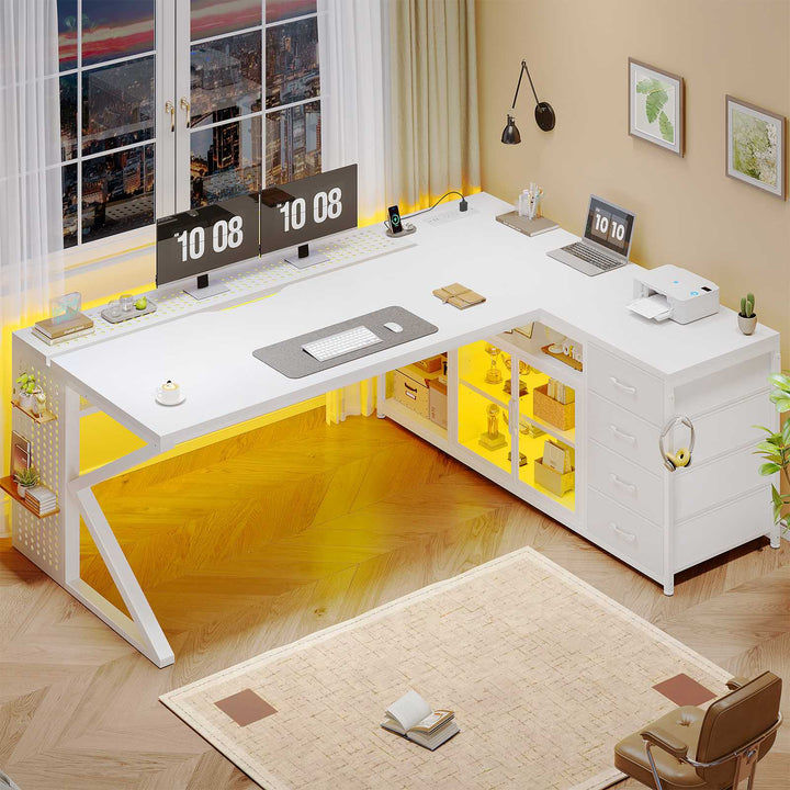 SEDETA 63 Inch L Shaped Gaming Desk Computer Desk with 4 Drawers and Display Cabinet Executive Office Desk with Storage Shelves and LED Light