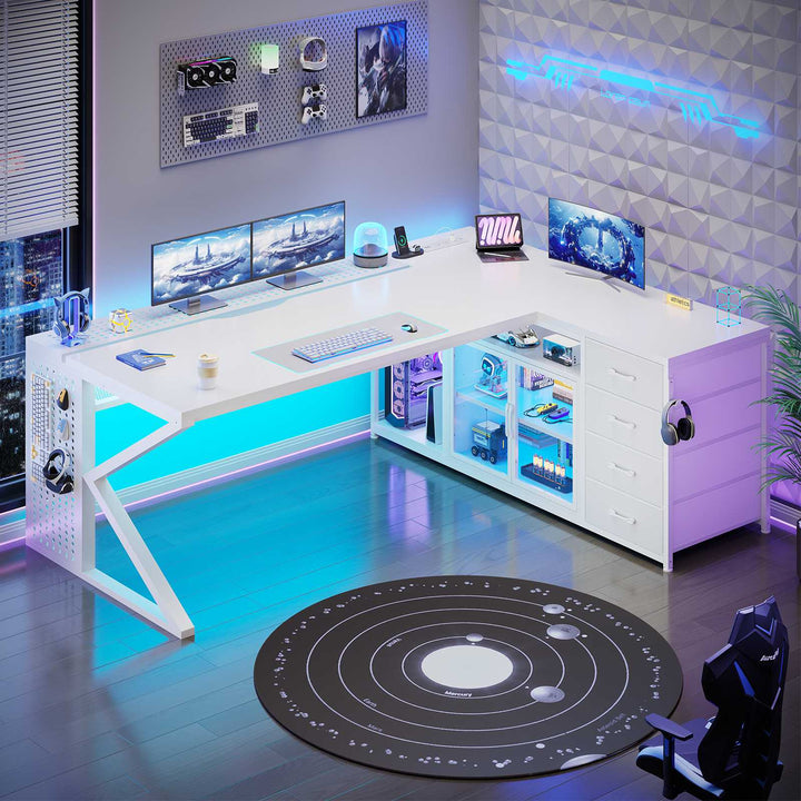 SEDETA 63 Inch L Shaped Gaming Desk Computer Desk with 4 Drawers and Display Cabinet Executive Office Desk with Storage Shelves and LED Light