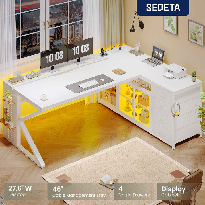 SEDETA 63 Inch L Shaped Gaming Desk Computer Desk with 4 Drawers and Display Cabinet Executive Office Desk with Storage Shelves and LED Light