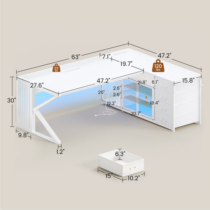 SEDETA 63 Inch L Shaped Gaming Desk Computer Desk with 4 Drawers and Display Cabinet Executive Office Desk with Storage Shelves and LED Light