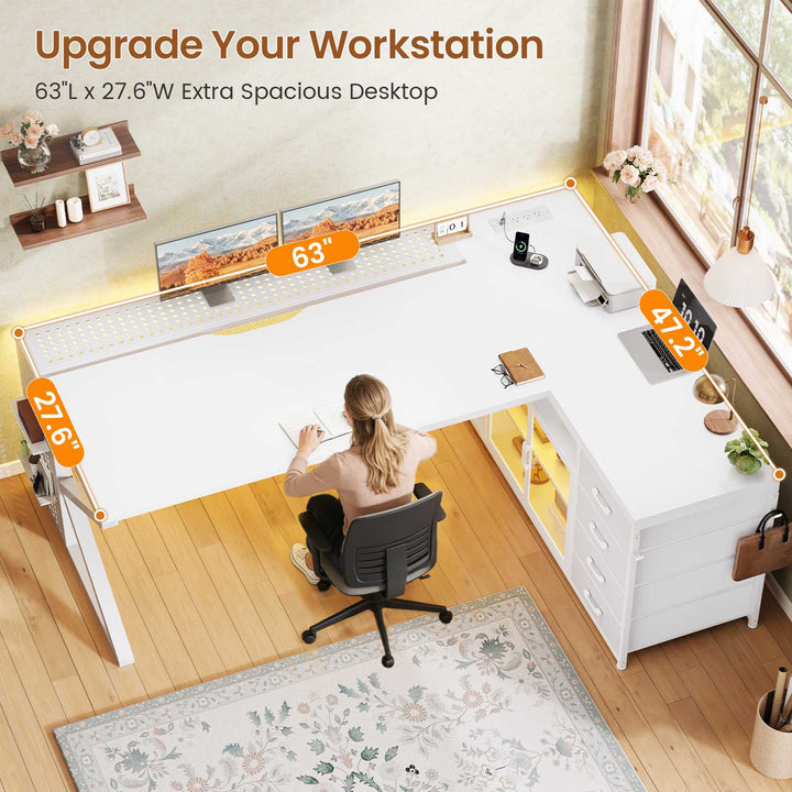 SEDETA 63 Inch L Shaped Gaming Desk Computer Desk with 4 Drawers and Display Cabinet Executive Office Desk with Storage Shelves and LED Light