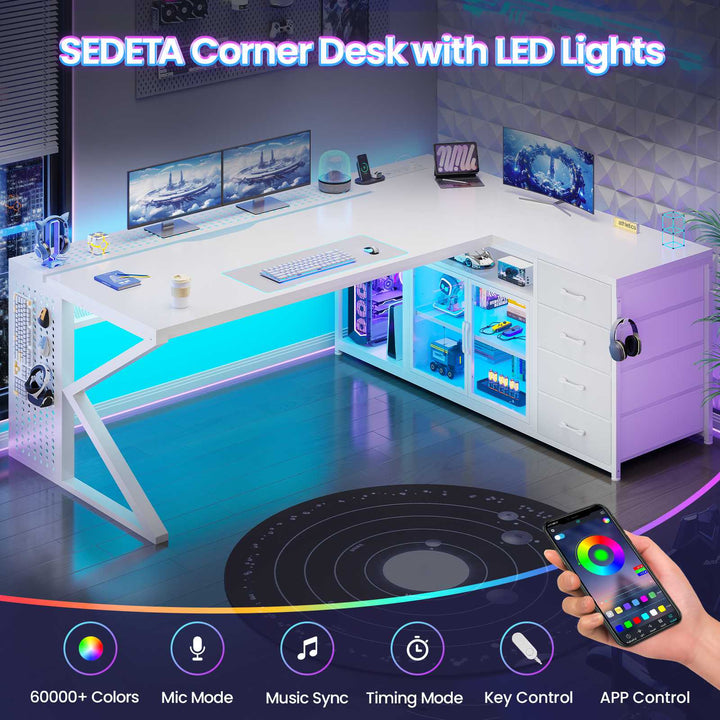 SEDETA 63 Inch L Shaped Gaming Desk Computer Desk with 4 Drawers and Display Cabinet Executive Office Desk with Storage Shelves and LED Light
