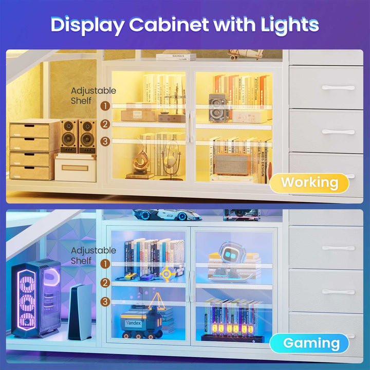 SEDETA 63 Inch L Shaped Gaming Desk Computer Desk with 4 Drawers and Display Cabinet Executive Office Desk with Storage Shelves and LED Light