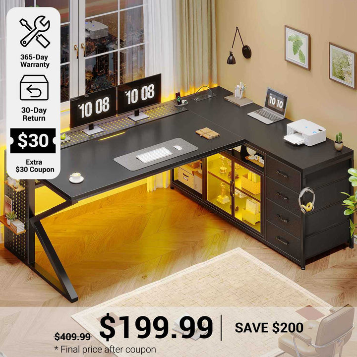 SEDETA® 63 Inch L Shaped Gaming Desk with  LED Light Executive Office Desk with Storage Shelves Computer Desk with 4 Drawers and Display Cabinet