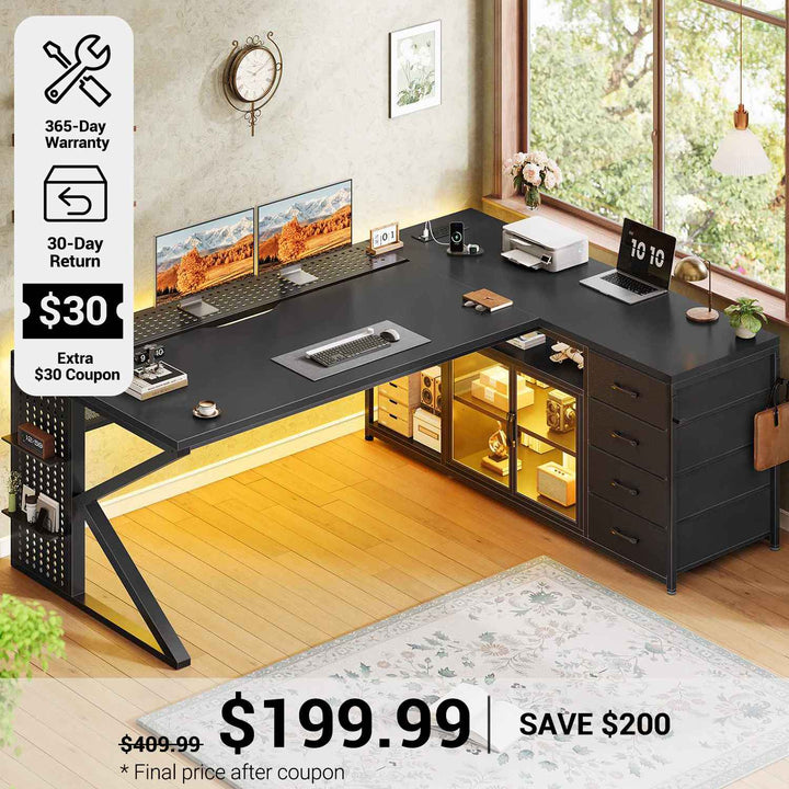 SEDETA® 63 Inch L Shaped Gaming Desk with  LED Light Executive Office Desk with Storage Shelves Computer Desk with 4 Drawers and Display Cabinet