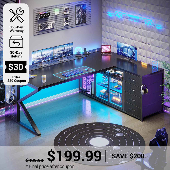 SEDETA® 63 Inch L Shaped Gaming Desk with  LED Light Executive Office Desk with Storage Shelves Computer Desk with 4 Drawers and Display Cabinet