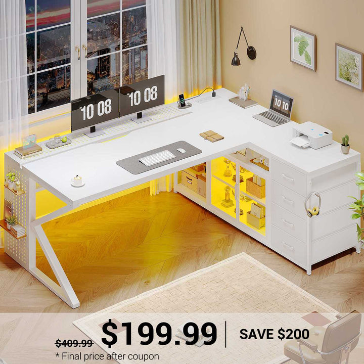 SEDETA | 63 Inch L Shaped Computer Desk Gaming Desk with LED Light 4 Drawers Display Cabinet Executive Office Desk with Storage Shelves
