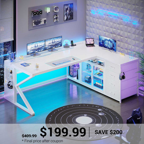 SEDETA | 63 Inch L Shaped Computer Desk Gaming Desk with LED Light 4 Drawers Display Cabinet Executive Office Desk with Storage Shelves