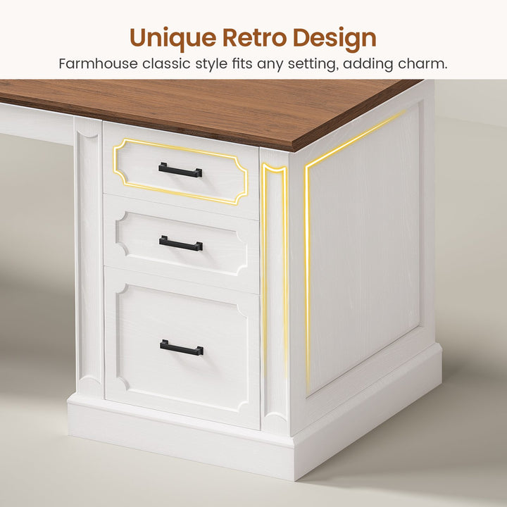 SEDETA 110.3 Inch Vintage Two Person Desk Long Farmhouse Computer Desk with Printer Stand Power Outlets 7 Drawers Large Storage Space for Home Office