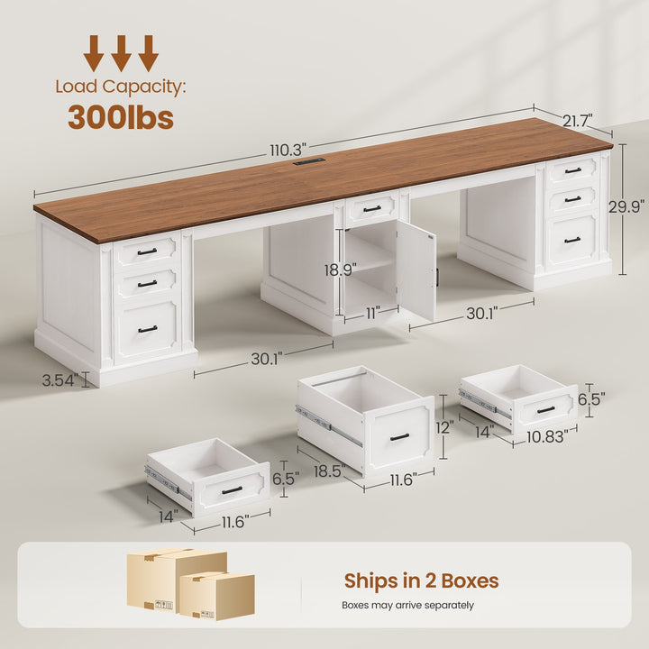 SEDETA 110.3 Inch Vintage Two Person Desk Long Farmhouse Computer Desk with Printer Stand Power Outlets 7 Drawers Large Storage Space for Home Office