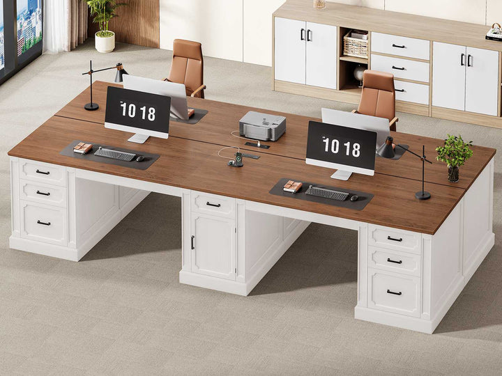 SEDETA 110.3 Inch Vintage Two Person Desk Long Farmhouse Computer Desk with Printer Stand Power Outlets 7 Drawers Large Storage Space for Home Office