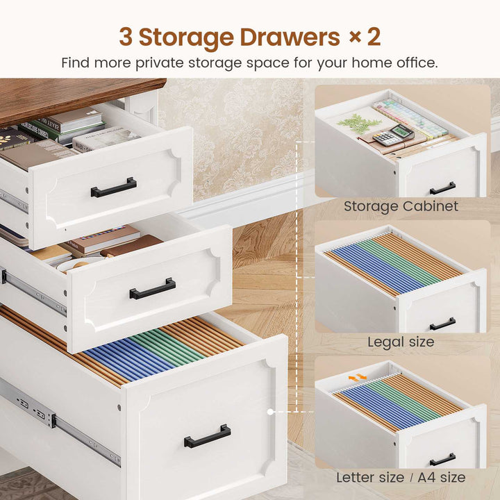SEDETA 110.3 Inch Vintage Two Person Desk Long Farmhouse Computer Desk with Printer Stand Power Outlets 7 Drawers Large Storage Space for Home Office