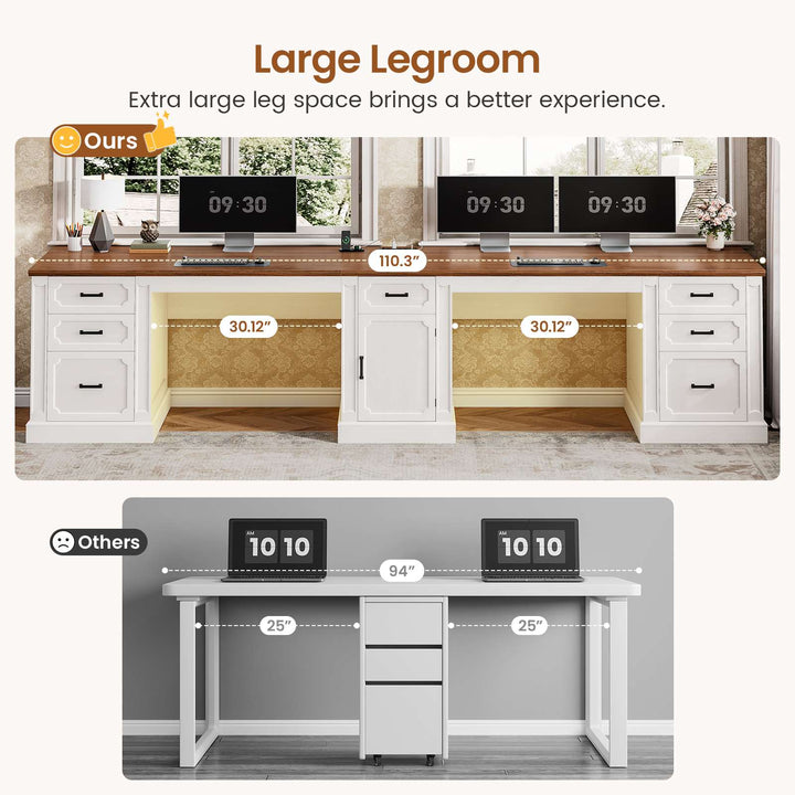 SEDETA 110.3 Inch Vintage Two Person Desk Long Farmhouse Computer Desk with Printer Stand Power Outlets 7 Drawers Large Storage Space for Home Office