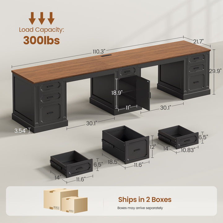 SEDETA 110.3 Inch Vintage Two Person Desk Long Farmhouse Computer Desk with Printer Stand Power Outlets 7 Drawers Large Storage Space for Home Office
