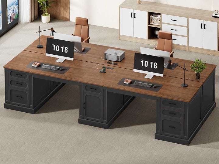 SEDETA 110.3 Inch Vintage Two Person Desk Long Farmhouse Computer Desk with Printer Stand Power Outlets 7 Drawers Large Storage Space for Home Office