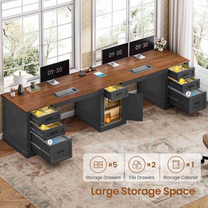 SEDETA 110.3 Inch Vintage Two Person Desk Long Farmhouse Computer Desk with Printer Stand Power Outlets 7 Drawers Large Storage Space for Home Office
