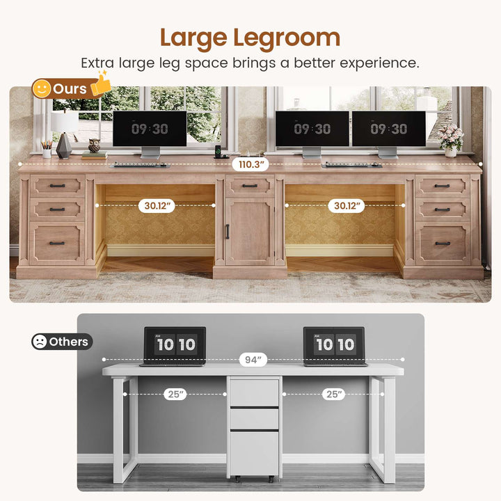 SEDETA 110.3 Inch Vintage Two Person Desk Long Farmhouse Computer Desk with Printer Stand Power Outlets 7 Drawers Large Storage Space for Home Office