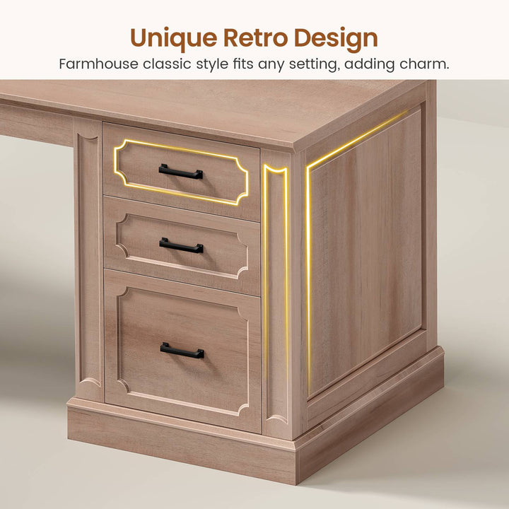 SEDETA 110.3 Inch Vintage Two Person Desk Long Farmhouse Computer Desk with Printer Stand Power Outlets 7 Drawers Large Storage Space for Home Office