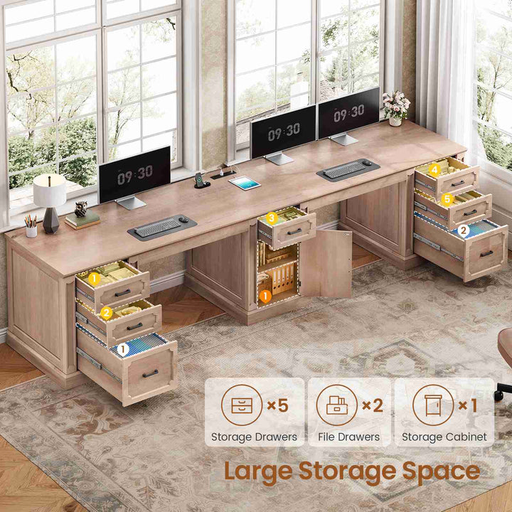SEDETA 110.3 Inch Vintage Two Person Desk Long Farmhouse Computer Desk with Printer Stand Power Outlets 7 Drawers Large Storage Space for Home Office