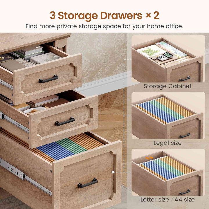 SEDETA 110.3 Inch Vintage Two Person Desk Long Farmhouse Computer Desk with Printer Stand Power Outlets 7 Drawers Large Storage Space for Home Office