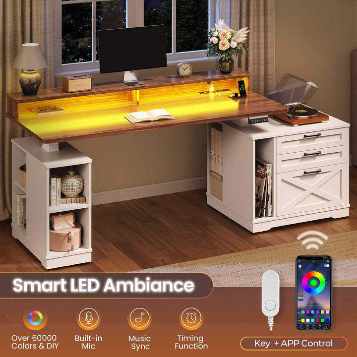 SEDETA 55 Inch Farmhouse Electric Standing Desk Height Adjustable Computer Desk Wood Home Office Desk with Power Outlets 3 Drawers File Cabinet Storage Shelves