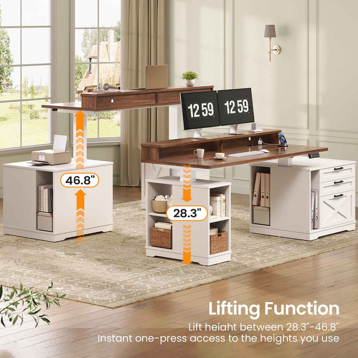 SEDETA 55 Inch Farmhouse Electric Standing Desk Height Adjustable Computer Desk Wood Home Office Desk with Power Outlets 3 Drawers File Cabinet Storage Shelves