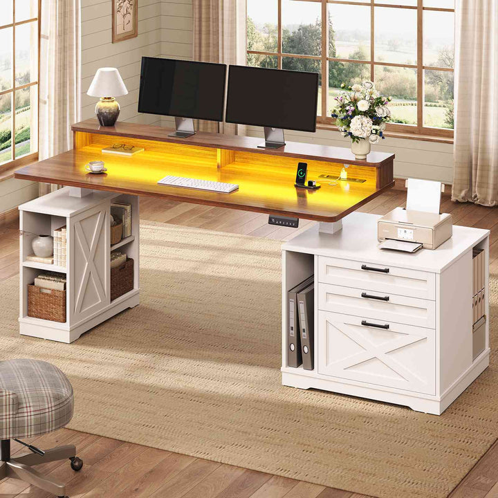 SEDETA 55 Inch Farmhouse Electric Standing Desk Height Adjustable Computer Desk Wood Home Office Desk with Power Outlets 3 Drawers File Cabinet Storage Shelves