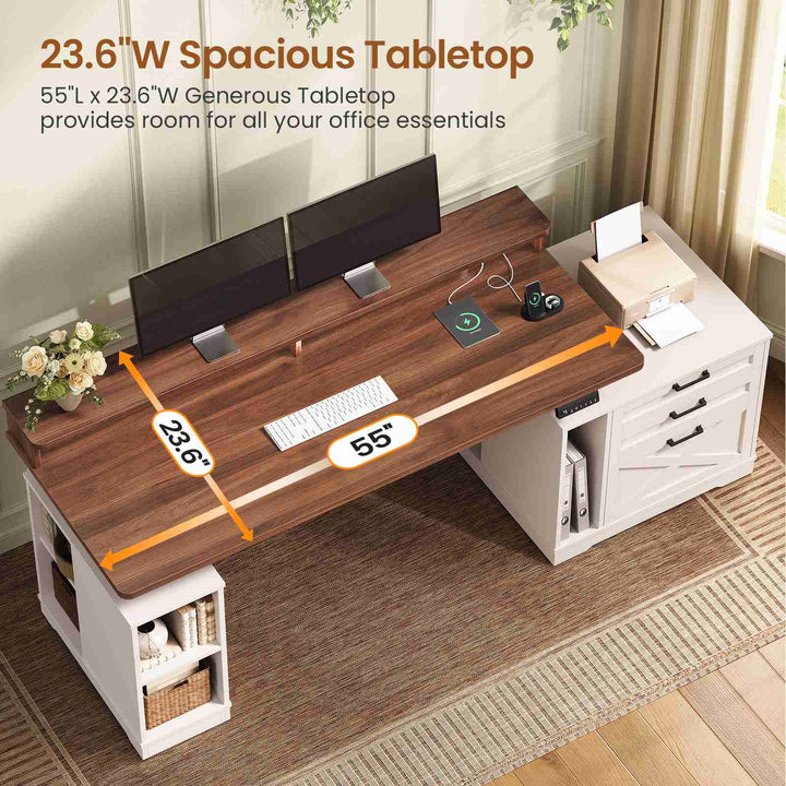SEDETA 55 Inch Farmhouse Electric Standing Desk Height Adjustable Computer Desk Wood Home Office Desk with Power Outlets 3 Drawers File Cabinet Storage Shelves