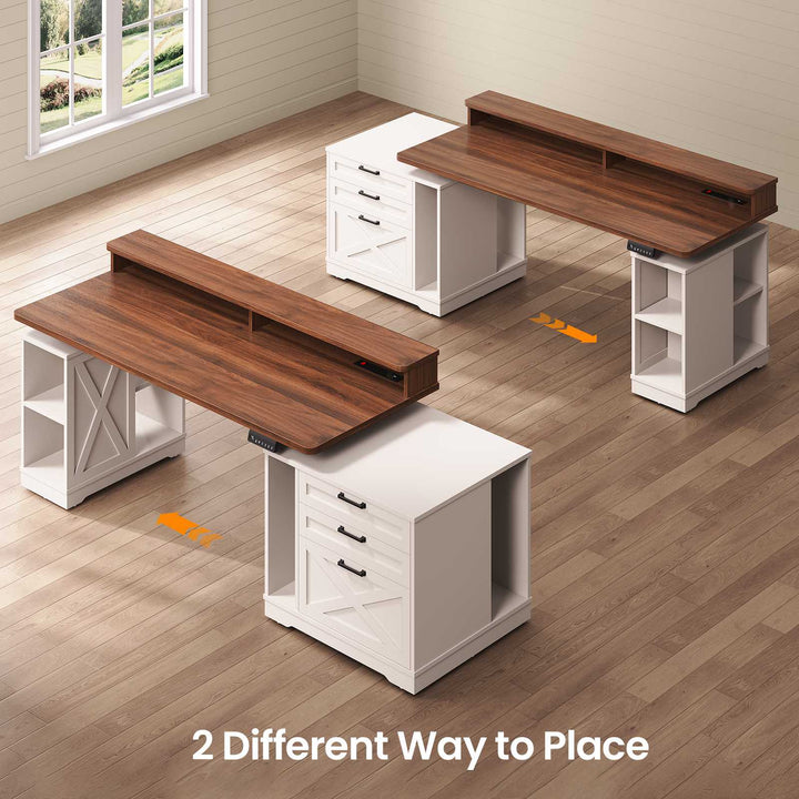 SEDETA 55 Inch Farmhouse Electric Standing Desk Height Adjustable Computer Desk Wood Home Office Desk with Power Outlets 3 Drawers File Cabinet Storage Shelves