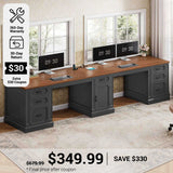 SEDETA® 110.3 Inch Vintage Long Computer Desk Farmhouse Two Person Desk with Printer Stand Power Outlets Storage Cabinet 7 Drawers