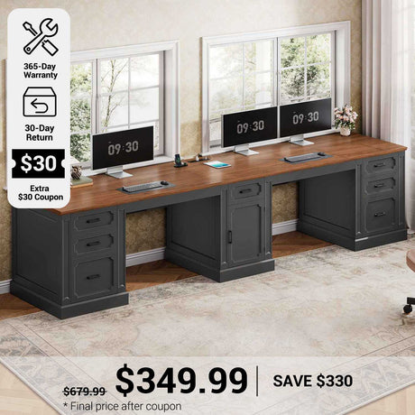 SEDETA® 110.3 Inch Vintage Long Computer Desk Farmhouse Two Person Desk with Printer Stand Power Outlets Storage Cabinet 7 Drawers