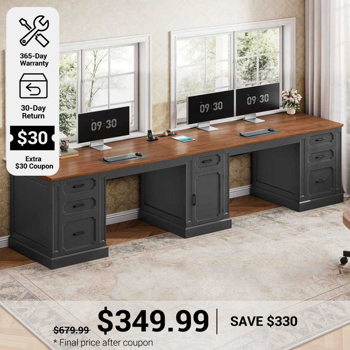 SEDETA® 110.3 Inch Vintage Long Computer Desk Farmhouse Two Person Desk with Printer Stand Power Outlets Storage Cabinet 7 Drawers