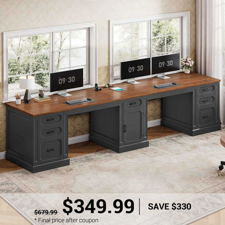 SEDETA | 110.3 Inch Farmhouse Two Person Desk Vintage Extra Long Computer Desk with Printer Stand Power Outlets 7 Drawers Storage Cabinet