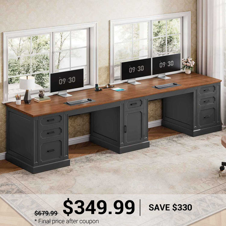 SEDETA® 110.3 Inch Vintage Long Computer Desk Farmhouse Two Person Desk with Printer Stand Power Outlets Storage Cabinet 7 Drawers