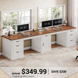 SEDETA | 110.3 Inch Farmhouse Two Person Desk Vintage Extra Long Computer Desk with Printer Stand Power Outlets 7 Drawers Storage Cabinet