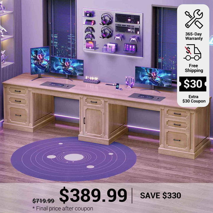 SEDETA 110.3 Inch Vintage Two Person Desk Long Farmhouse Computer Desk with Printer Stand Power Outlets 7 Drawers Large Storage Space for Home Office